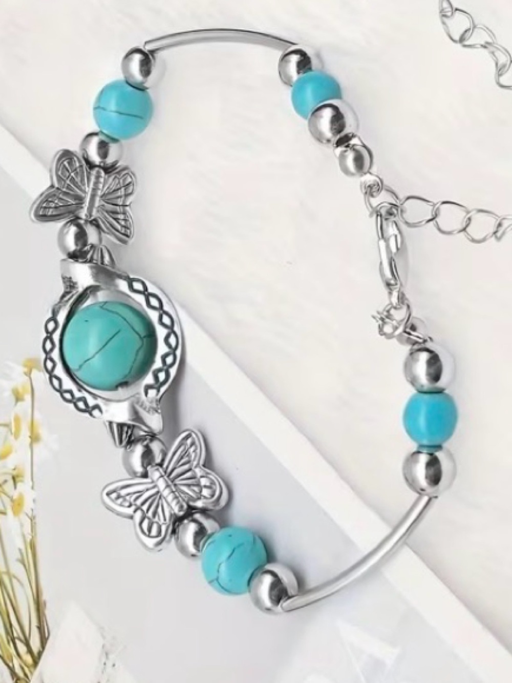 NWOT Turquoise Beaded Butterfly Charm Bracelet - Silver Tone